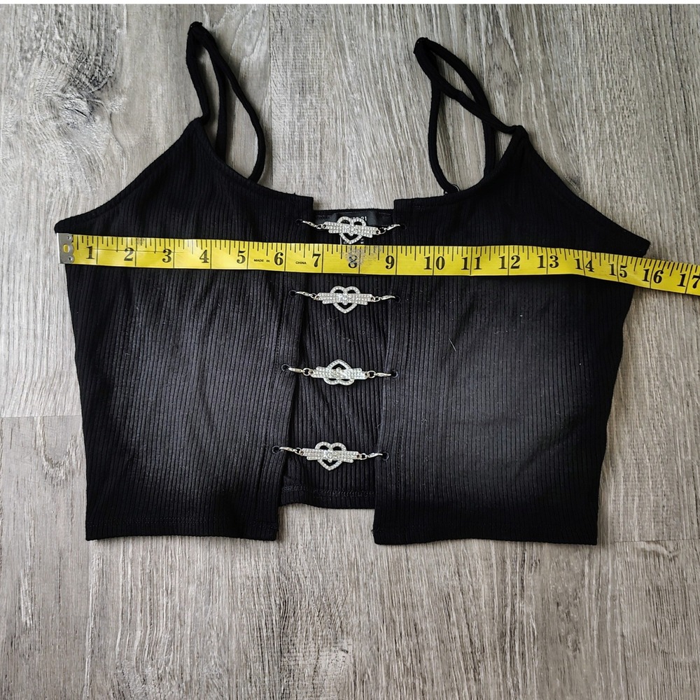 Forever 21 Black Ribbed Halter Crop Top Rhinestone Chain Detail Size Medium - Picture 6 of 7